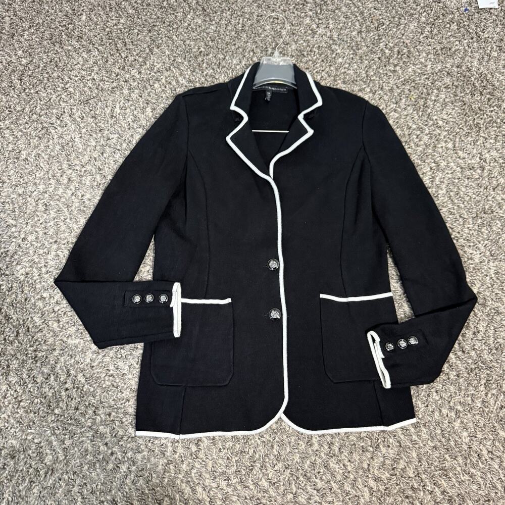 White House Black Market Black Ponte Knit Blazer Size XS White Trim Equestrian